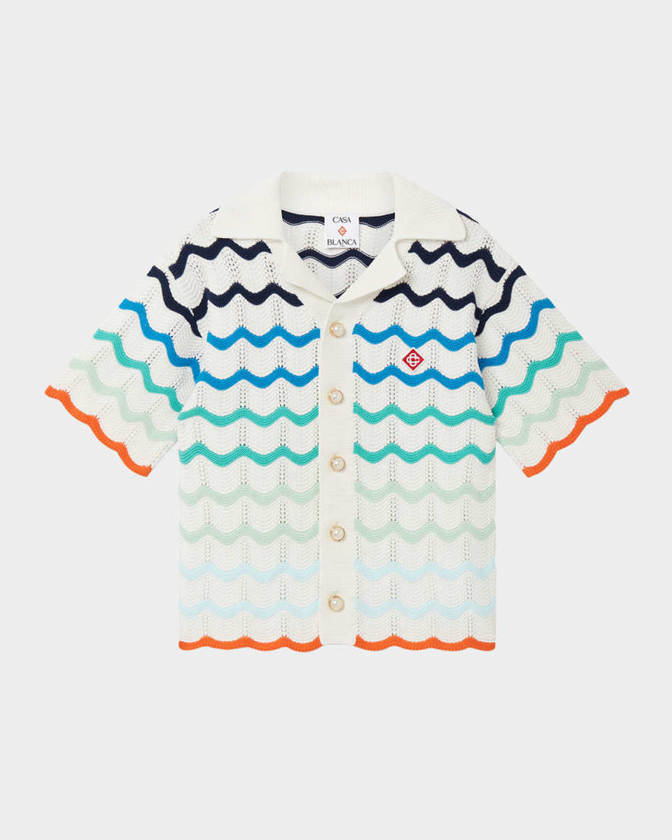 Boy's Crochet Wave Stripe Short-Sleeve Shirt, Size 3T-14